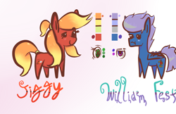 Size: 1441x932 | Tagged: safe, artist:mjsw, imported from derpibooru, oc, oc only, oc:jiggy, oc:william fest, earth pony, pegasus, pony, blushing, chibi, couple, cute, female, male, mare, reference sheet, stallion