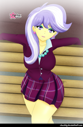 Size: 1057x1613 | Tagged: safe, artist:clouddg, imported from derpibooru, upper crust, equestria girls, friendship games, big breasts, breasts, busty upper crust, clothes, crystal prep academy uniform, female, jewelry, looking at you, multiple variants, necklace, plaid skirt, pleated skirt, school uniform, signature, skirt, solo