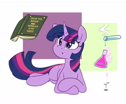 Size: 1628x1335 | Tagged: safe, artist:ayvie-art, imported from derpibooru, twilight sparkle, pony, unicorn, abstract background, alchemy, book, cute, eye clipping through hair, eyebrows, eyebrows visible through hair, female, flask, mare, prone, purple smart, science, solo, spellbook, test tube, twiabetes, unicorn twilight, vulgar