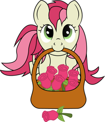 Size: 780x907 | Tagged: artist needed, safe, artist:stuart mcallister, imported from derpibooru, roseluck, earth pony, pony, basket, flower, looking at you, looking up, looking up at you, mouth hold, rose, simple background, solo