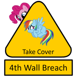 Size: 340x340 | Tagged: safe, imported from derpibooru, pinkie pie, rainbow dash, pony, breaking the fourth wall, fourth wall, missing cutie mark, scared, sign, simple background, transparent background, warning sign