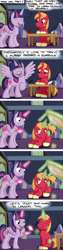 Size: 1080x4320 | Tagged: safe, artist:hoofclid, imported from derpibooru, big macintosh, twilight sparkle, alicorn, earth pony, comic:magic mac, apple, dialogue, female, food, levitation, magic, male, telekinesis, twilight sparkle (alicorn)