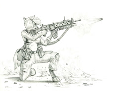 Size: 1400x1028 | Tagged: safe, artist:baron engel, imported from derpibooru, limestone pie, anthro, earth pony, pony, unguligrade anthro, ar-18, assault rifle, female, firing, grenade, grenade launcher, gun, m203, monochrome, pencil drawing, rifle, solo, story included, traditional art, trigger discipline, weapon