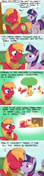 Size: 1080x4320 | Tagged: safe, artist:hoofclid, imported from derpibooru, apple bloom, applejack, big macintosh, twilight sparkle, alicorn, earth pony, comic:magic mac, chibi, comic, dialogue, female, male, not shipping, tree, twilight sparkle (alicorn)