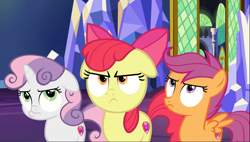 Size: 1646x935 | Tagged: safe, imported from derpibooru, screencap, apple bloom, scootaloo, sweetie belle, pony, growing up is hard to do, angry, apple bloom is not amused, cropped, cutie mark, cutie mark crusaders, female, floppy ears, friendship throne, pouting, scootaloo is not amused, sweetie belle is not amused, the cmc's cutie marks, trio, unamused