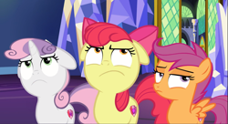 Size: 1631x886 | Tagged: safe, imported from derpibooru, screencap, apple bloom, scootaloo, sweetie belle, pony, growing up is hard to do, apple bloom is not amused, cropped, cutie mark, cutie mark crusaders, female, floppy ears, friendship throne, scootaloo is not amused, sweetie belle is not amused, the cmc's cutie marks, trio, unamused