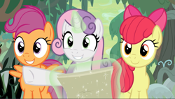 Size: 1591x901 | Tagged: safe, imported from derpibooru, screencap, apple bloom, scootaloo, sweetie belle, pony, growing up is hard to do, cropped, cute, cutie mark crusaders, female, glowing horn, horn, levitation, magic, map, older, older apple bloom, older cmc, older scootaloo, older sweetie belle, pointing, smiling, telekinesis, trio