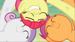 Size: 1668x940 | Tagged: safe, imported from derpibooru, screencap, apple bloom, scootaloo, sweetie belle, pony, growing up is hard to do, cropped, cute, cutie mark crusaders, eyes closed, female, huddle, older, older apple bloom, older cmc, older scootaloo, older sweetie belle, scratches, smiling