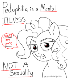 Size: 552x625 | Tagged: safe, artist:unoriginai, imported from derpibooru, pinkie pie, pony, black and white, captain obvious, female, grayscale, maps, mare, mouthpiece, op is a duck, partial color, pedophilia, politics, public service announcement, true, truth