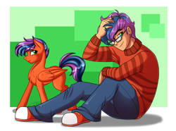 Size: 2365x1760 | Tagged: safe, artist:jack-pie, imported from derpibooru, oc, oc only, oc:alexander, human, pegasus, pony, clothes, converse, cute, glasses, hair over one eye, handsome, human ponidox, humanized, looking at you, pants, self ponidox, shoes, signature, smiling, solo