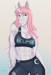 Size: 1752x2550 | Tagged: safe, artist:askbubblelee, imported from derpibooru, oc, oc only, oc:rosie quartz, anthro, unicorn, abs, anthro oc, beautiful, beautisexy, belly button, biceps, big breasts, breasts, busty oc, cleavage, clothes, crescent moon, curved horn, curvy, digital art, female, horn, lips, logo, mare, moon, muscles, muscular female, pants, scar, sexy, shoulder fluff, smiling, solo, sports bra, sweat, text, thighs, tight clothing, underass, wide hips, workout outfit, yoga pants