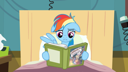 Size: 1920x1080 | Tagged: safe, imported from derpibooru, screencap, rainbow dash, pegasus, pony, read it and weep, bed, book, female, floppy ears, mare, solo