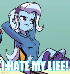 Size: 500x525 | Tagged: safe, edit, idw, imported from derpibooru, trixie, equestria girls, spoiler:comic, spoiler:comicequestriagirlsmarchradness, caption, cropped, image macro, meme, text, trixie yells at everything