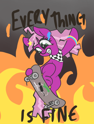Size: 1510x2000 | Tagged: safe, artist:t72b, derpibooru exclusive, imported from derpibooru, cheerilee, earth pony, pony, 80s, 80s cheerilee, april fools 2020, braces, everything is fine, everything is ruined, female, fire, mare, skateboard, solo