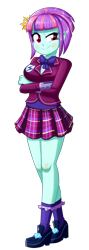 Size: 604x1696 | Tagged: safe, artist:the-butch-x, imported from derpibooru, sunny flare, equestria girls, bowtie, breasts, clothes, crossed arms, crystal prep academy uniform, crystal prep shadowbolts, female, plaid skirt, pleated skirt, raised eyebrow, school uniform, shadowbolts, shoes, simple background, skirt, smiling, smirk, socks, solo, sunny flare's wrist devices, transparent background