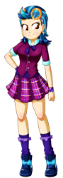 Size: 604x1696 | Tagged: safe, artist:the-butch-x, imported from derpibooru, indigo zap, equestria girls, breasts, clothes, crystal prep academy uniform, crystal prep shadowbolts, ear piercing, earring, female, goggles, hand on hip, jewelry, piercing, plaid skirt, school uniform, simple background, skirt, smiling, sneakers, socks, solo, transparent background