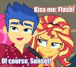 Size: 562x500 | Tagged: safe, edit, edited screencap, imported from derpibooru, screencap, flash sentry, sunset shimmer, cheer you on, equestria girls, spoiler:eqg series (season 2), caption, cropped, female, flashimmer, image macro, male, meme, shipping, straight, text