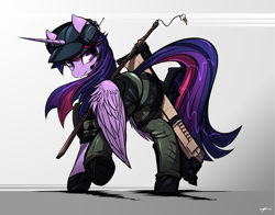 Size: 3696x2893 | Tagged: safe, artist:mirapony, edit, imported from derpibooru, twilight sparkle, alicorn, pony, butt, cap, clothes, crossover, female, gun, hat, headset, implied lesbian, implied shipping, implied twidash, keychain, plot, ranger, shotgun, signature, solo, sword, twibutt, twilight sparkle (alicorn), weapon, x-com, xcom 2