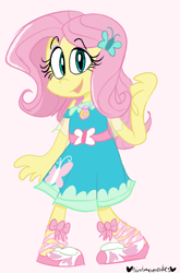 Size: 528x800 | Tagged: safe, artist:mirabuncupcakes15, imported from derpibooru, fluttershy, equestria girls, belt, clothes, cute, dress, female, open mouth, pink background, sandals, shyabetes, simple background, solo