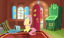 Size: 2160x1280 | Tagged: safe, anonymous artist, imported from derpibooru, big macintosh, fluttershy, earth pony, pegasus, pony, series:fm holidays, april fools, bucket, confused, door, female, fluttermac, fluttershy's cottage, glass of water, lineless, lip bite, male, mare, no pupils, prank, puddle, question mark, raised eyebrow, shipping, smiling, stallion, straight