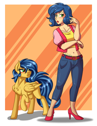 Size: 2300x3000 | Tagged: safe, artist:jack-pie, imported from derpibooru, oc, oc:crystal elizabeth coat, human, pegasus, pony, belly button, clothes, high heels, high res, human ponidox, humanized, lipstick, midriff, pants, raised hoof, self ponidox, shoes