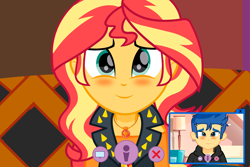 Size: 12134x8089 | Tagged: safe, artist:paulysentry, deleted from derpibooru, imported from derpibooru, flash sentry, sunset shimmer, equestria girls, blushing, female, flashimmer, geode of empathy, magical geodes, male, shipping, straight, webcam