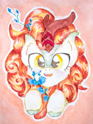 Size: 2932x3909 | Tagged: safe, artist:papersurgery, imported from derpibooru, autumn blaze, kirin, bust, cloven hooves, female, flower, foal's breath, front view, full face view, kirin day, open mouth, portrait, smiling, solo, traditional art, watercolor painting