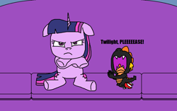 Size: 1246x782 | Tagged: safe, artist:logan jones, imported from derpibooru, twilight sparkle, oc, oc:black spike, dragon, unicorn, annoyed, begging, black yoshi, couch, crossed hooves, floppy ears, not spike, pleading, sitting, supermariologan, unicorn twilight