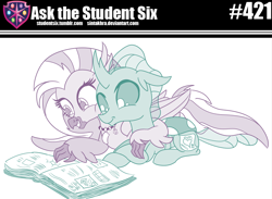 Size: 800x585 | Tagged: safe, artist:sintakhra, imported from derpibooru, ocellus, silverstream, changedling, changeling, classical hippogriff, hippogriff, tumblr:studentsix, book, changelings in the comments, cute, diaocelles, diastreamies, female, hug, post-it, prone, reading, smiling, stair keychain
