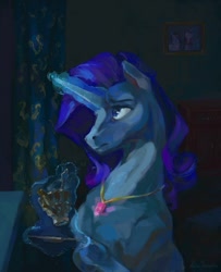 Size: 1024x1264 | Tagged: safe, artist:malinetourmaline, imported from derpibooru, rarity, pony, unicorn, fanfic:the enchanted kingdom, fanfic:the enchanted library, cup, curtains, fanfic art, female, jewelry, magic, necklace, solo, spoon, teacup