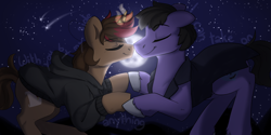 Size: 2000x1000 | Tagged: safe, artist:dreamy, artist:lionbun, artist:littledreamycat, imported from derpibooru, oc, oc:dreamheart, oc:screaming heart, earth pony, unicorn, couple, female, floating, husband and wife, love, magic, male, night sky, nightsky, romance, romantic, shooting stars