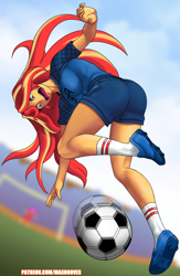 Size: 2394x3666 | Tagged: safe, artist:rambon7, imported from derpibooru, sunset shimmer, equestria girls, spoiler:comicequestriagirlsmarchradness, 2020, 2020s, ass, bunset shimmer, butt, cleats, clothes, female, football, legs, looking down, motion blur, open mouth, sexy, shirt, shoes, shorts, soccer field, soccer shoes, socks, sports, sports shorts, t-shirt, this will end in pain, tomboy