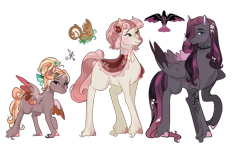 Size: 2300x1347 | Tagged: safe, artist:bunnari, imported from derpibooru, oc, oc only, oc:crow symphony, oc:gentle lullaby, oc:giselle bird, earth pony, pegasus, pony, female, filly, hair over one eye, magical lesbian spawn, male, mare, offspring, parent:fluttershy, parent:octavia melody, parents:fluttertavia, siblings, simple background, stallion, transparent background, unshorn fetlocks