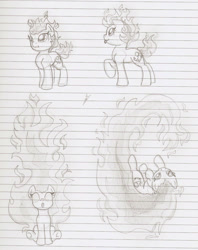 Size: 1421x1792 | Tagged: safe, artist:ravenpuff, imported from derpibooru, oc, oc only, :i, :p, female, grayscale, lineart, lined paper, mane of fire, mare, monochrome, raised hoof, sitting, solo, tongue out, traditional art, underhoof, white eyes
