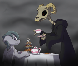 Size: 902x766 | Tagged: safe, artist:ravenpuff, imported from derpibooru, oc, oc only, oc:grim reaper, oc:xeno fodder, draconequus, pegasus, pony, black sclera, bone, cookie, cup, draconequus oc, duo, food, glowing eyes, male, nervous, pastry, pegasus oc, red eyes, robes, skeleton, stallion, table, tea, teacup, teapot, wings