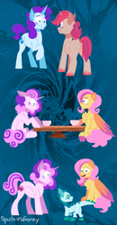 Size: 821x1576 | Tagged: safe, artist:spuds-mcfrenzy, artist:spudsmcfrenzy, imported from derpibooru, fluttershy, rarity, sweetie belle, oc, oc:filet, oc:spiny quartz, dracony, hybrid, pegasus, pony, unicorn, comic:skinwalker, chest fluff, comic, female, inkieverse, interspecies offspring, magical lesbian spawn, mare, offspring, older, older sweetie belle, parent:fluttershy, parent:rarity, parent:spike, parent:sweetie belle, parents:flarity, parents:spikebelle, sitting