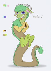 Size: 756x1058 | Tagged: safe, artist:ravenpuff, imported from derpibooru, oc, oc only, oc:floofy (ravenpuff), draconequus, hybrid, balancing, draconequus oc, frog (hoof), interspecies offspring, offspring, parent:discord, parent:oc:atjour service, parents:canon x oc, reference sheet, solo, tongue out, underhoof