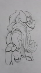 Size: 4128x2322 | Tagged: safe, artist:foxtrot3, imported from derpibooru, oc, oc:tech savvy, earth pony, pony, bodysuit, butt, dock, frog (hoof), looking at you, looking back, looking back at you, pencil drawing, plot, solo, traditional art, underhoof