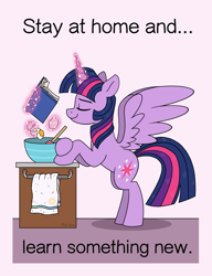 Size: 1500x1953 | Tagged: safe, artist:pink-pone, imported from derpibooru, twilight sparkle, alicorn, pony, baking, blow, book, bowl, coronavirus, covid-19, egg, eyes closed, female, glowing horn, horn, implied princess celestia, kitchen, levitation, magic, mix, quarantine, social distancing, solo, spatula, stay at home, telekinesis, towel, twilight sparkle (alicorn)