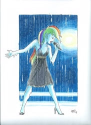 Size: 1700x2338 | Tagged: safe, artist:tonyfleecs, imported from derpibooru, rainbow dash, equestria girls, armpits, black dress, clothes, commissioner:ajnrules, drenched, dress, female, high heels, lipstick, little black dress, microphone, rain, rainbow dash always dresses in style, shoes, singing, singing in the rain, sleeveless, soaked, solo, spotlight, traditional art, wet, wet clothes, wet dress