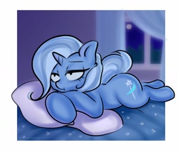 Size: 1024x878 | Tagged: safe, artist:yutakira92, imported from derpibooru, trixie, pony, unicorn, :t, bed, bored, curtain, curtains, female, mare, on bed, pillow, prone, solo, window
