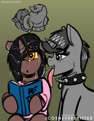 Size: 793x1024 | Tagged: safe, artist:jcosneverexisted, imported from derpibooru, oc, oc only, oc:howl, oc:loki ebonhoof, pony, behaving like a dog, book, collar, drool, face licking, female, licking, long tongue, pet, reading, sitting, tongue out, wet