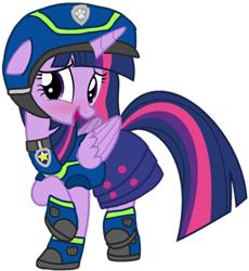 Size: 960x1043 | Tagged: safe, artist:徐詩珮, edit, imported from derpibooru, vector edit, twilight sparkle, alicorn, pony, series:sprglitemplight diary, series:sprglitemplight life jacket days, series:springshadowdrops diary, series:springshadowdrops life jacket days, alternate universe, blushing, chase (paw patrol), clothes, female, paw patrol, simple background, solo, spy chase (paw patrol), transparent background, twilight sparkle (alicorn)