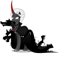 Size: 4000x3861 | Tagged: safe, artist:orin331, idw, imported from derpibooru, rabia, pony, umbrum, unicorn, cape, clothes, colored horn, curved horn, female, glowing eyes, high collar, high res, hoof shoes, horn, jewelry, long horn, mare, monster, ponified, redesign, regalia, simple background, solo, transparent background, vector, white eyes