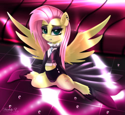 Size: 3345x3093 | Tagged: safe, artist:darksly, imported from derpibooru, fluttershy, pegasus, pony, fake it 'til you make it, clothes, dress, ear piercing, earring, female, fluttergoth, jewelry, looking at you, makeup, mare, necklace, piercing, solo, spread wings, wings