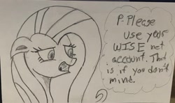 Size: 1744x1030 | Tagged: safe, artist:polar_storm, imported from derpibooru, fluttershy, pegasus, pony, female, mare, monochrome, sketch, solo, speech bubble, traditional art