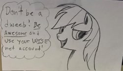 Size: 977x565 | Tagged: safe, artist:polar_storm, imported from derpibooru, rainbow dash, pegasus, pony, female, mare, monochrome, sketch, solo, speech bubble, traditional art