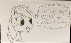 Size: 862x519 | Tagged: safe, artist:polar_storm, imported from derpibooru, applejack, earth pony, pony, female, mare, monochrome, sketch, solo, speech bubble, traditional art