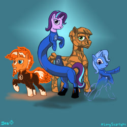 Size: 2000x2000 | Tagged: safe, artist:scarletdex8299, imported from derpibooru, mudbriar, starlight glimmer, sunburst, trixie, earth pony, pony, unicorn, crossover, elastic, fantastic four, female, fiery sunburst, high res, human torch, invisible woman, long glimmer, long pony, male, mare, marvel, meme, mr. fantastic, stallion, the thing (marvel)