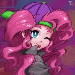 Size: 2048x2048 | Tagged: safe, artist:tinybenz, imported from derpibooru, pinkie pie, dance magic, equestria girls, spoiler:eqg specials, :p, backwards ballcap, baseball cap, bust, cap, cute, diapinkes, female, hat, high res, looking at you, mc pinkie, one eye closed, rapper pie, solo, tongue out, wink